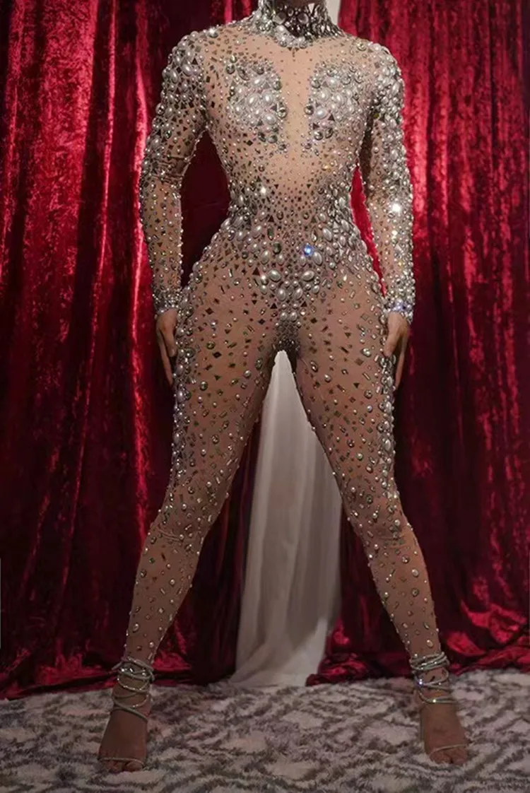 Sexy Transparent Strass Perle Mesh Dünne Overall Bühne Tragen Frauen Geburtstag Abend Party Kristall Trikot Nachtclub Kostüm