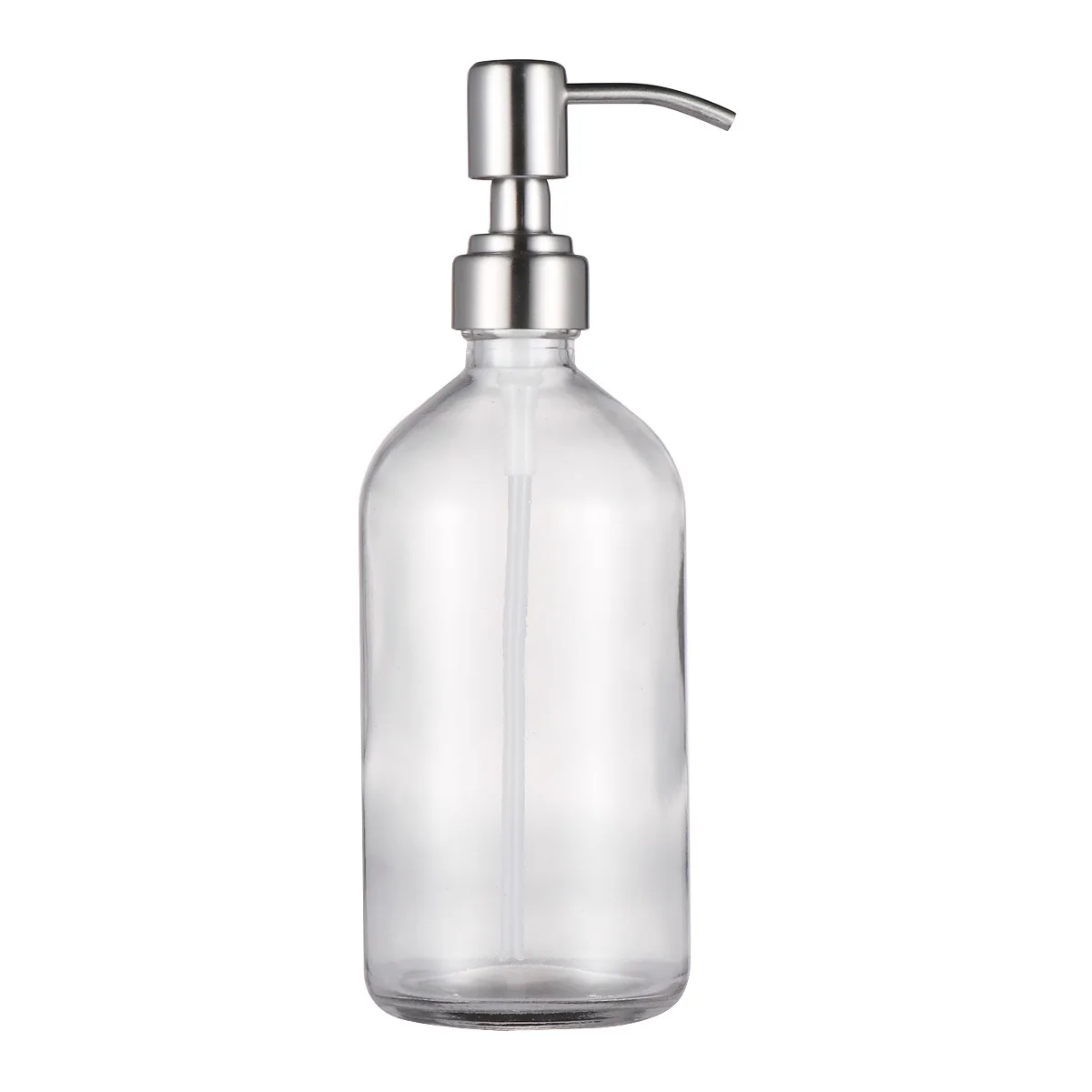 

Empty Refillable Glass Bottle Pump for Shampoo Shower Gel Liquid Soap 500ml Clear Thick Glass Stainless Steel Dispenser