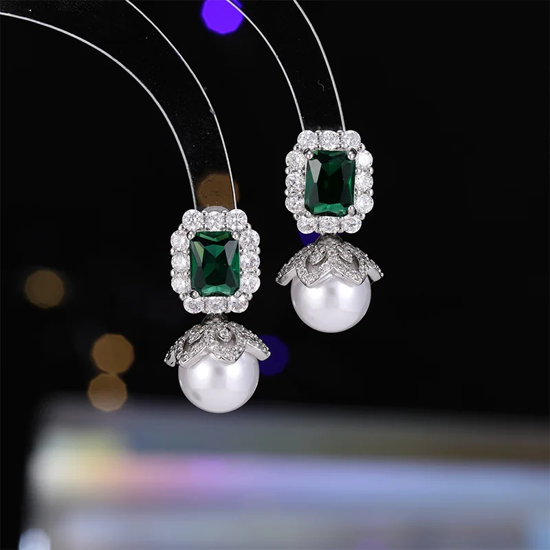 

s925 Серебряные иглы Модные и роскошные стильные серьги-гвоздики оптом Серьги-гвоздики в стиле ретро изумрудного циркона с жемчугом