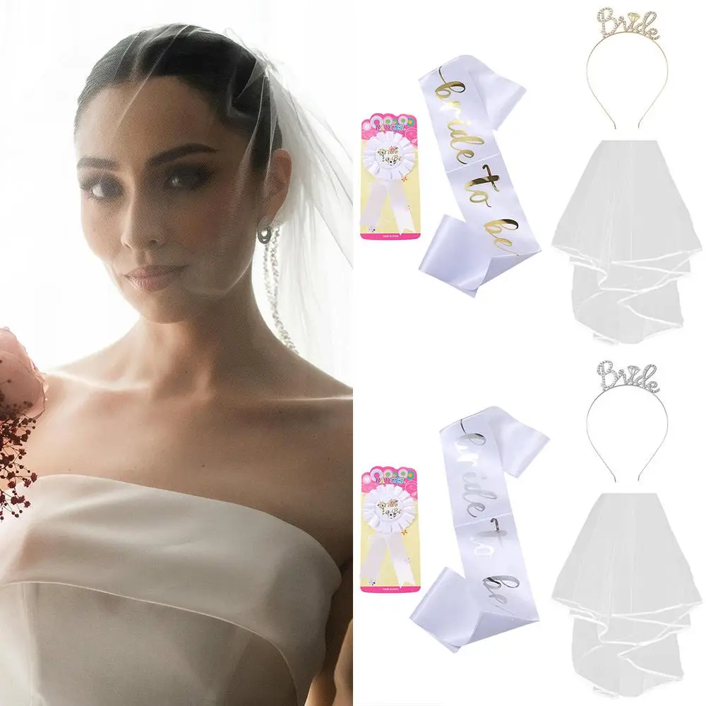 

4Pcs/set Badge Bride Shoulder Belt Satin Sash Bride Hairband Bridal Wedding Veil Bridal Shower Crown Double Bridal Veil