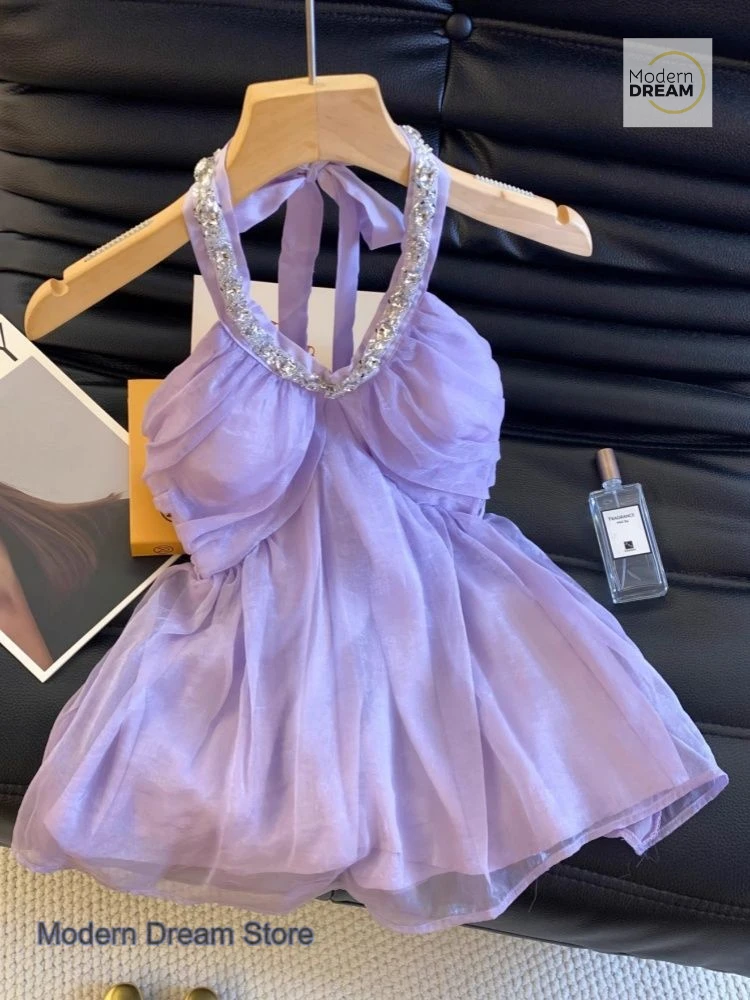 

French temperament heavy industry diamond hanging neck purple suspender vest female summer fashion spice girl chic outer coat.