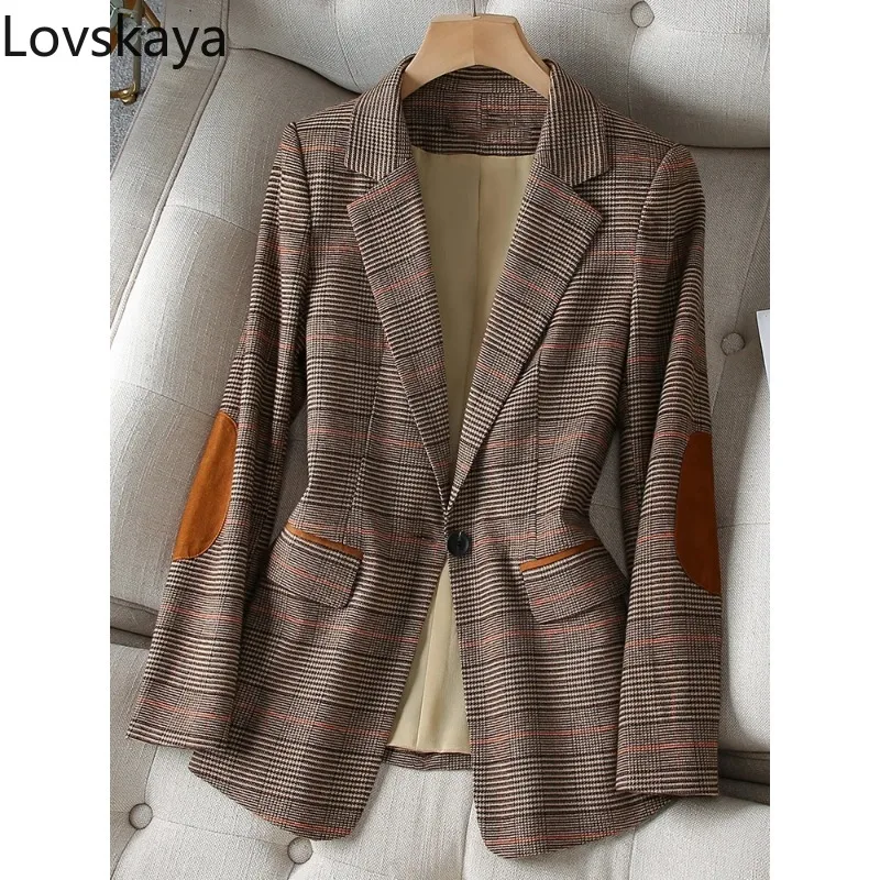 New  Long Sleeve Single Button Slim Jacket Coat For Autumn Winter Ladies Casual Coffee Plaid Blazer Women