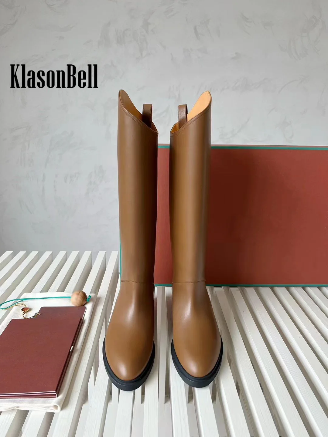 9.20 KlasonBell-Women Genuine Leather Over-the-Knee Boots Fashion All-matches Pointed Toe Diagonal Flat Sole Boots