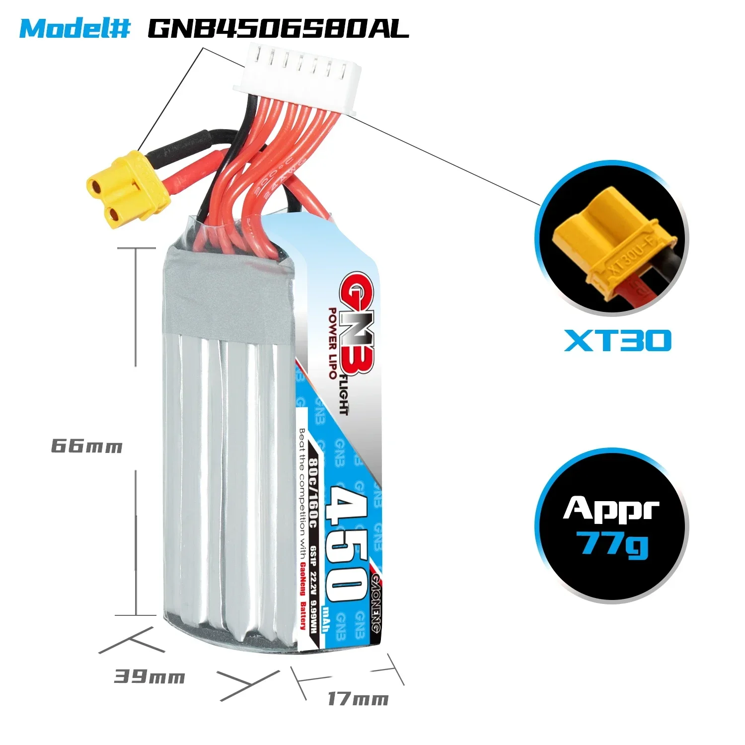 GAONENG GNB 450mAh 6S 80C 160C 22.2V XT30 LiPo Battery Long Type 3 inch Toothpick Drone Cine Whoop Cinewhoop Spare RC Parts