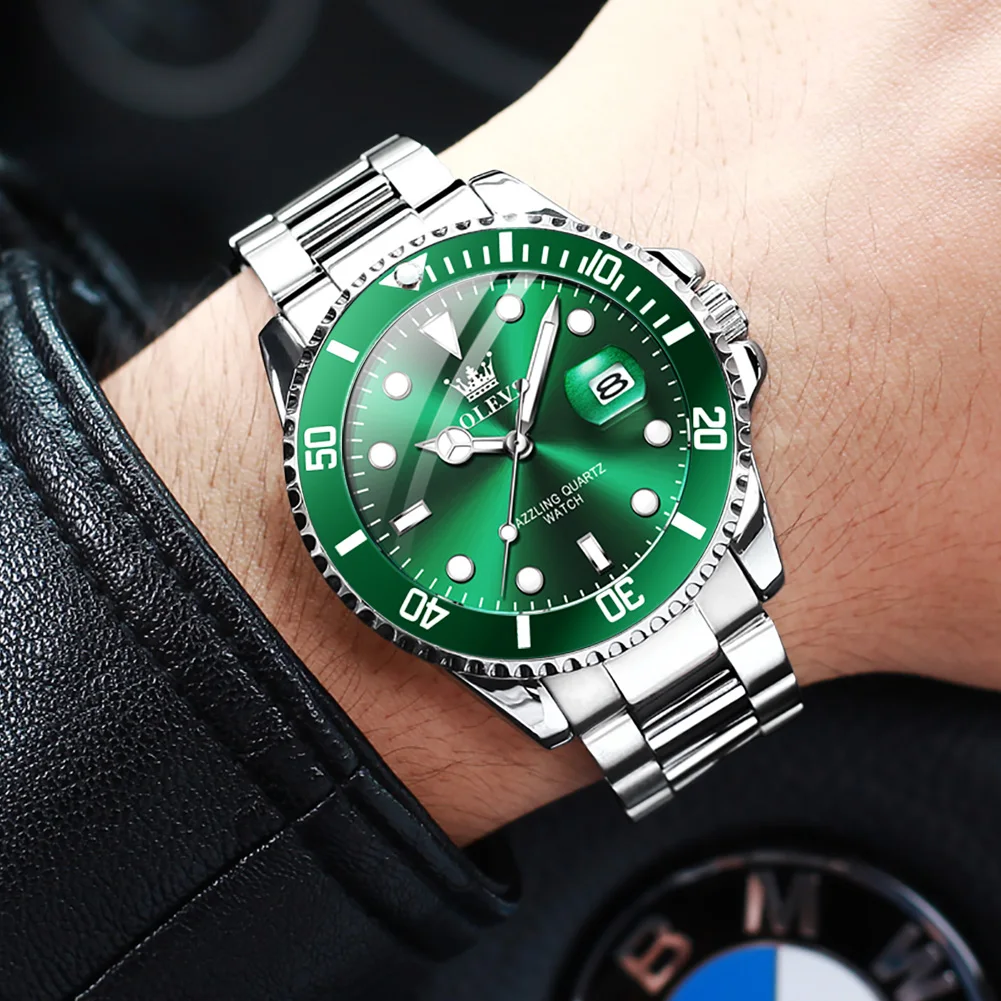 OLEVS Men Watch Diver Green Waterproof Watch for Men Stainless Steel Quartz Men Luxury Watch Luminous