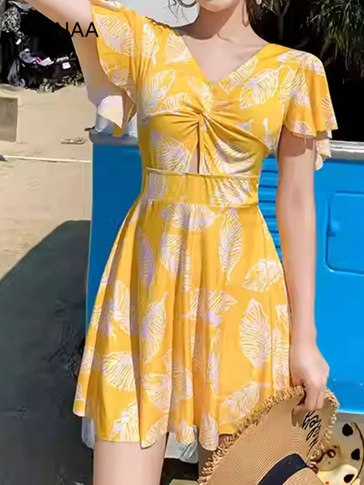 

OIINAA Bathing Suit Women Yellow Print Swimsuit Dress Loose Hot Spring Swimwear Summer 2025 New Fashion Short Sleeve Beach Dress