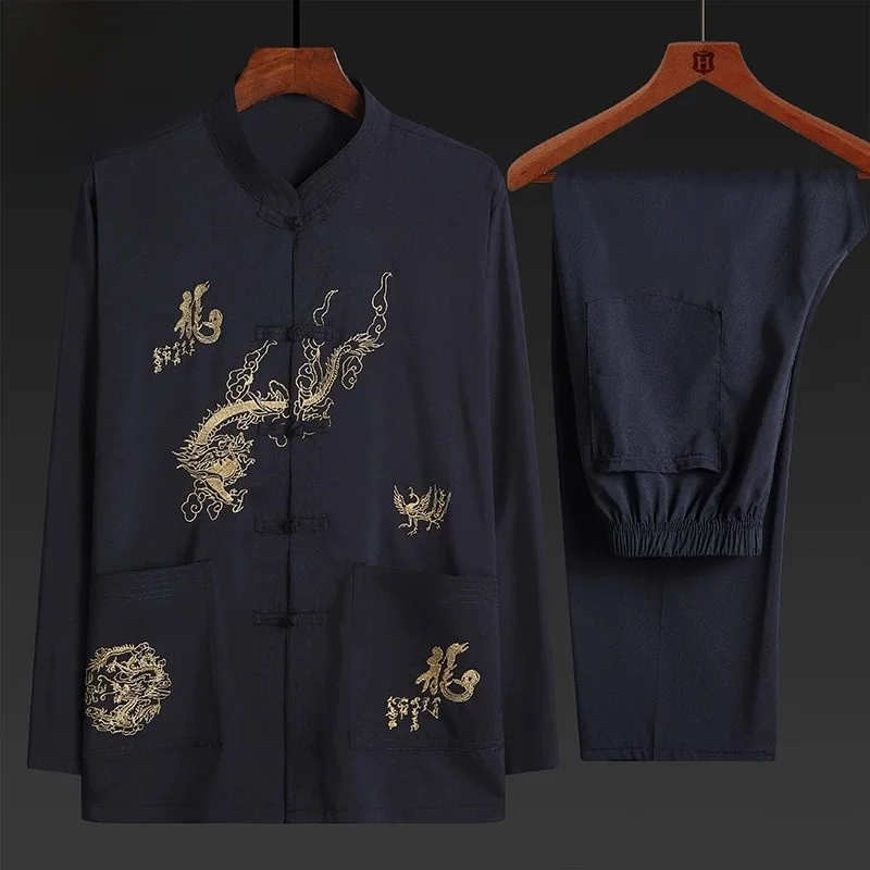 長袖レジャー薄手タキシードセット中高年男性用中国風朝の運動服おじいちゃんお父さんカジュアルウェア
