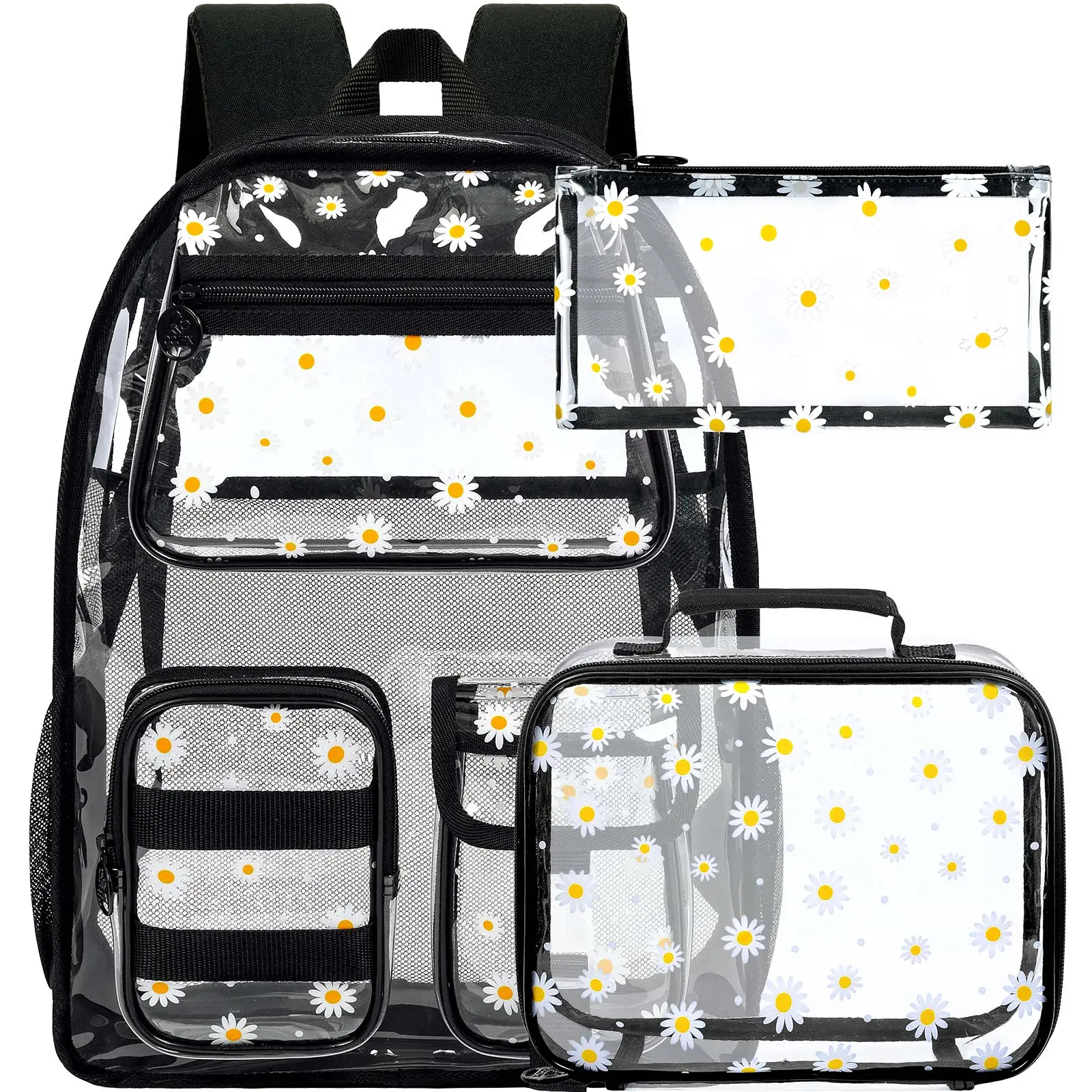 3pcs-kid's-backpack-girls-daisy-printed-pvc-material-zipper-closure-casual-set-with-handbag-pen-pouch-for-school-daily
