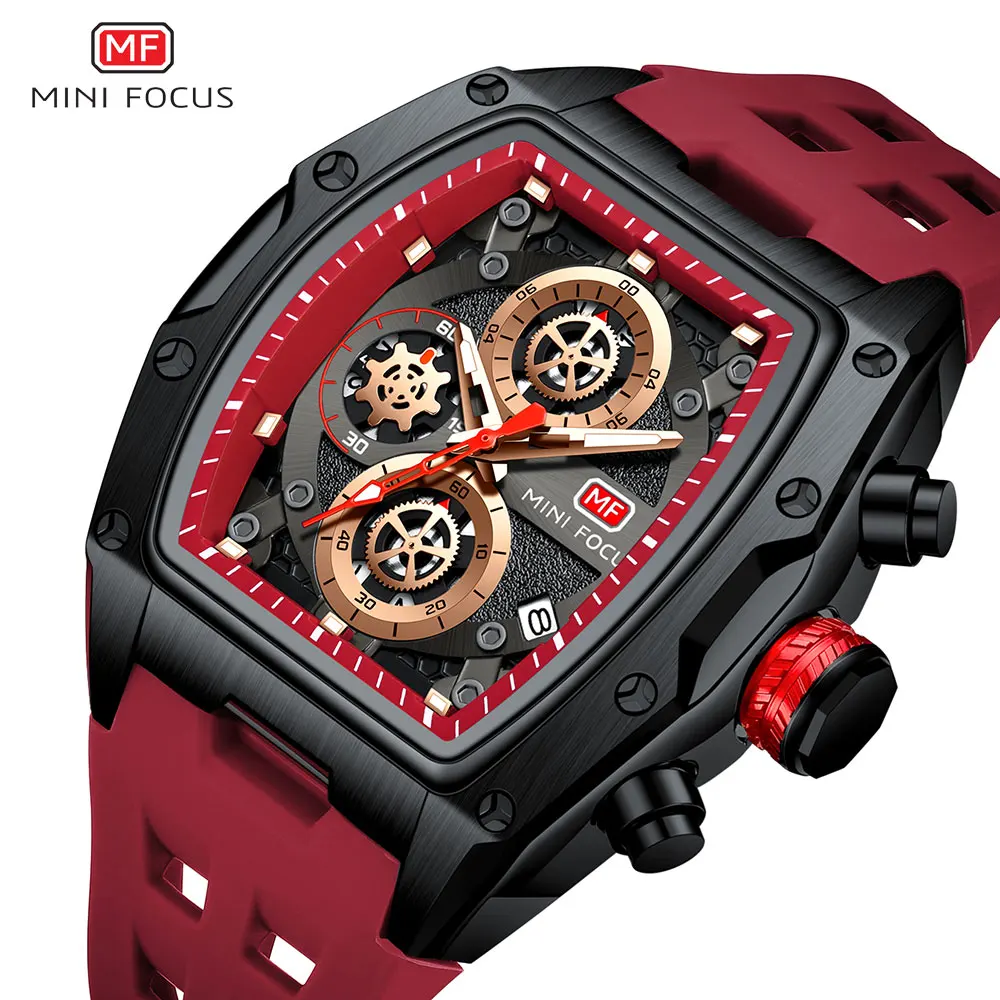 MINI FOCUS Men\'s Watch Fashion Sport Waterproof Chronograph Quartz Wristwatch with Luminous Hands Auto Date Red Silicone Strap