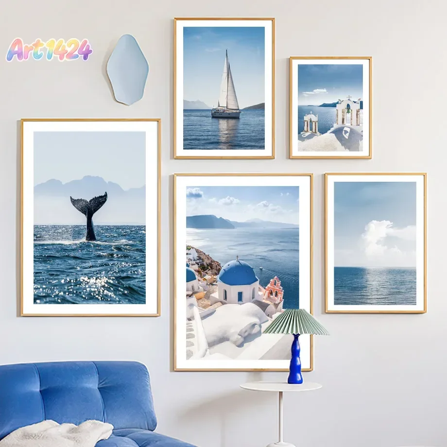 Santorini Church Blue Wave Coastline Shark Sailboat Whale Ocean Wall Art Aesthetics Print Canvas Painting Poster for Home Dec