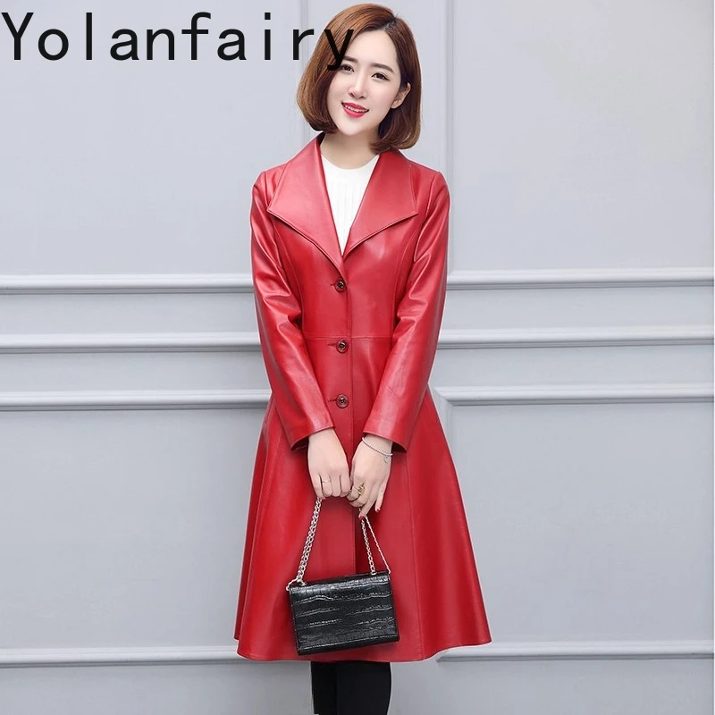 YOLANFAIRY 신상품 리얼 양가죽 트렌치코트 여성 한국 패션 진짜 가죽 재킷 여성 슬림핏 롱 윈드브레이커
