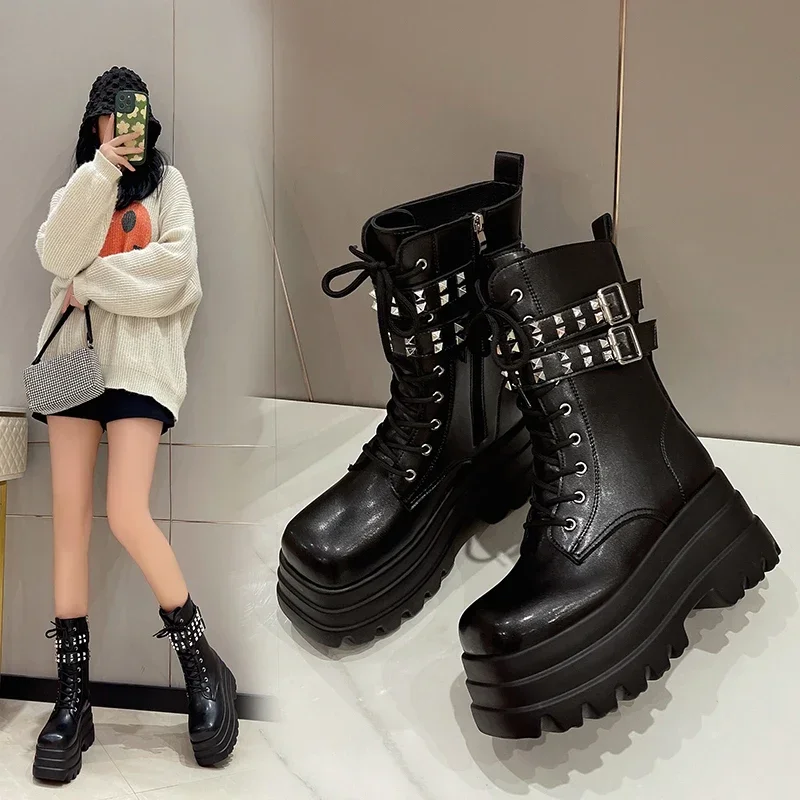 

Chain Decoration Front Lace Military Boots Platform Thick Bottom Calf Ankle Boots Autumn and Winter New Shoes for Woman