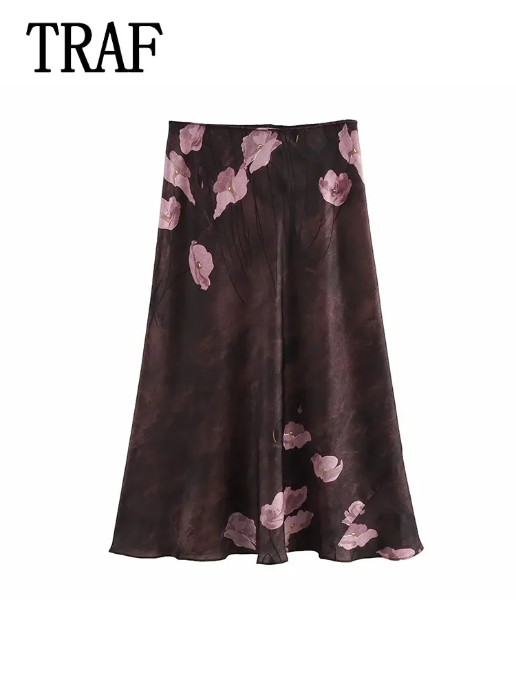 TRAF Elegant Skirt Woman Print Midi Casual Skirt Fashion Floral Print Midi Casual Skirt Summer Women Party Skirts