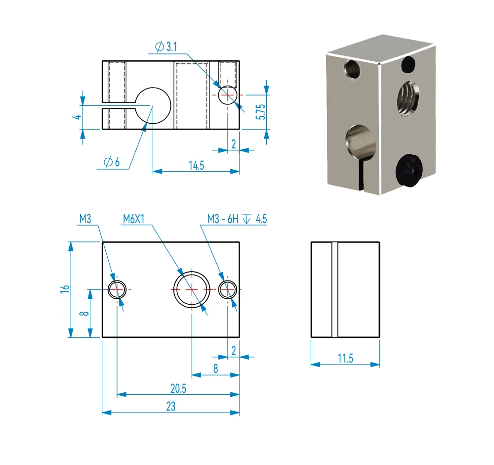 Hohe Qualität V6 Heizung Block Überzogene Kupfer Messing PT100 3D Drucker Teile Wärme Block Für Upgrade E3D V6 Hotend DDB Titan Extruder – Detail 3