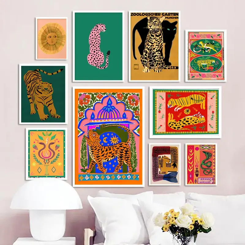 Kolorowy abstrakcyjny plakat i wydruki Tygrys Leopard Snake Tropical Jungle Wall Art Canvas Malarstwo ścienne Obrazy do salonu Wystrój