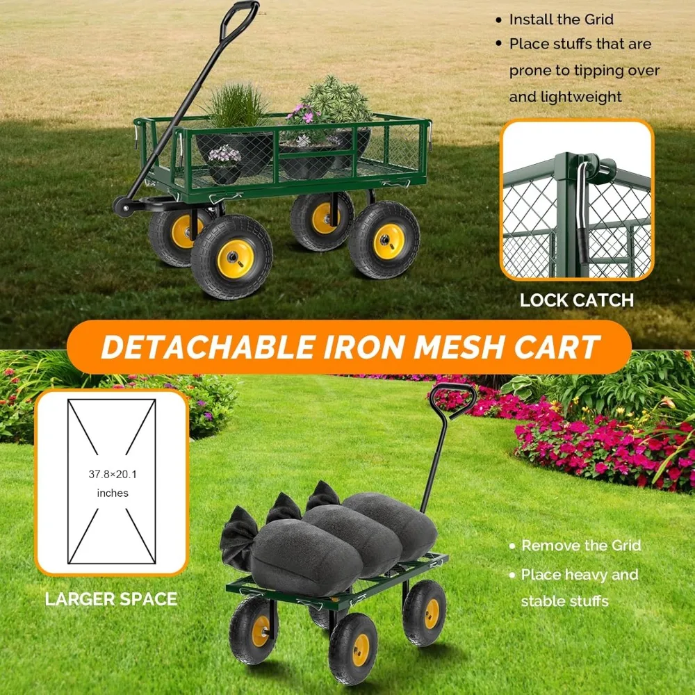 Carrinho de jardim de malha de aço com capacidade de 880 lbs para serviço pesado com carrinho de mão removível e lados removíveis