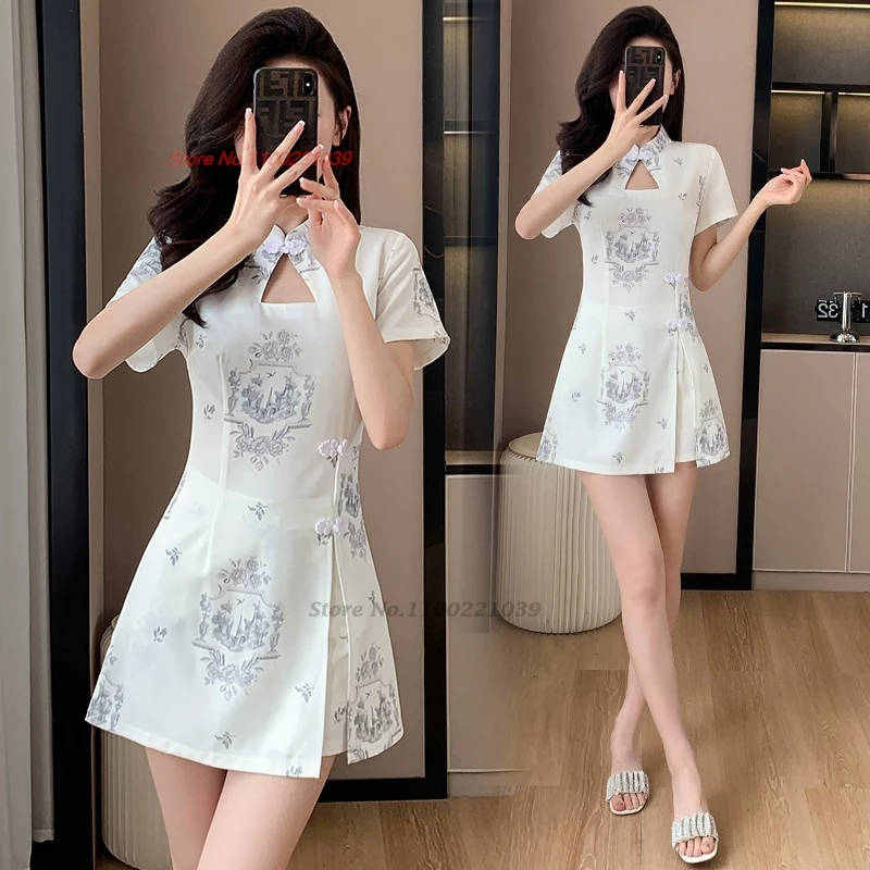 2025 national flower print qipao dress+shorts improved cheongsam dress qipao banquet dress hotel spa work dress beauty uniform