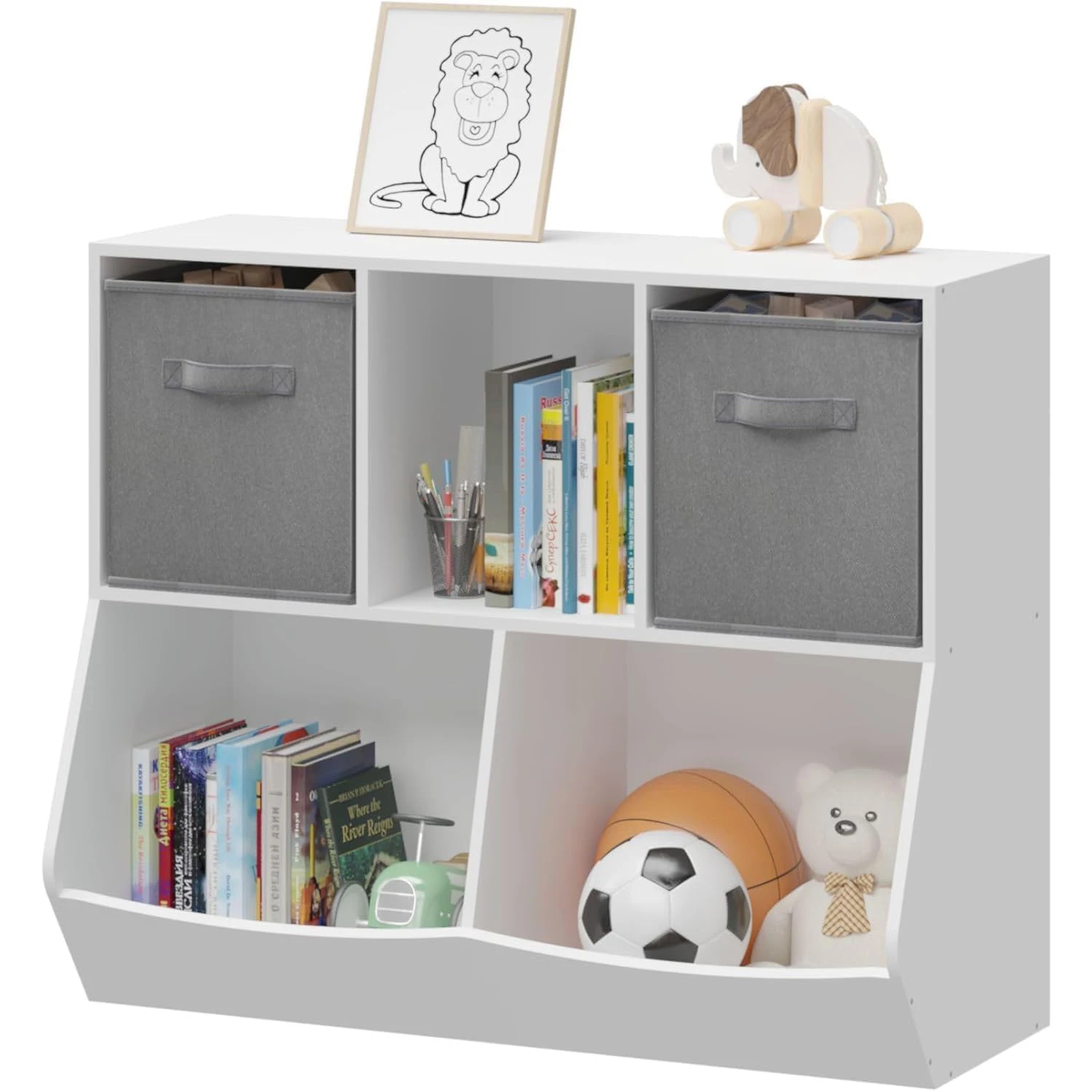 Kids Bookshelf Wood Toy Storage Cubby Cabinet with Two Drawers Organizer for Children's Room Playroom Kindergarten School