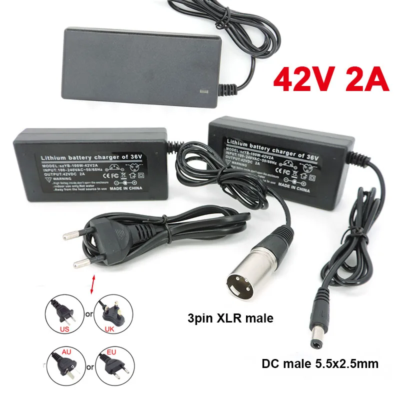 

36V 42V 2A 60W AC DC 5.5x2.5 3PIN XLR plug power supply adapter Charger Lithium Li-poly EU us t