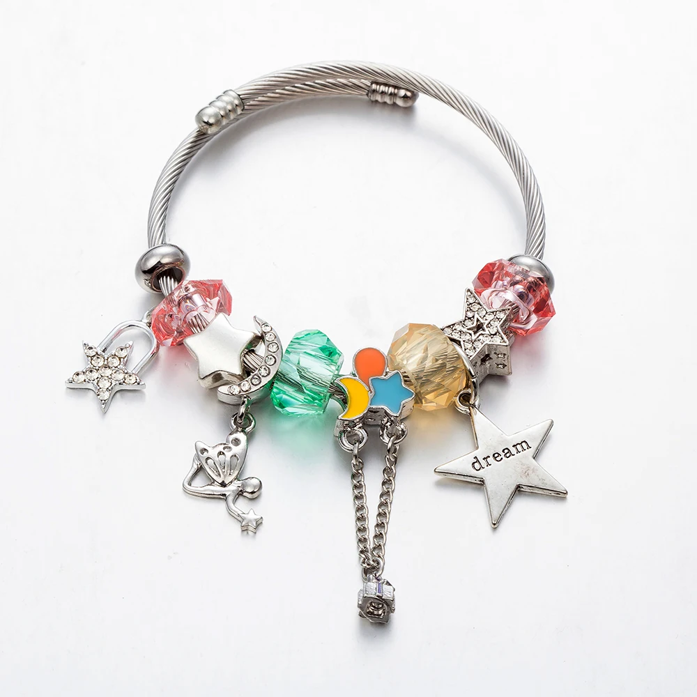 ANNAPAER New Design Stainless Steel Bangle Sky Series Colorful Star Pendant Beaded Charms Bracelet Special Offer Gift For Mother