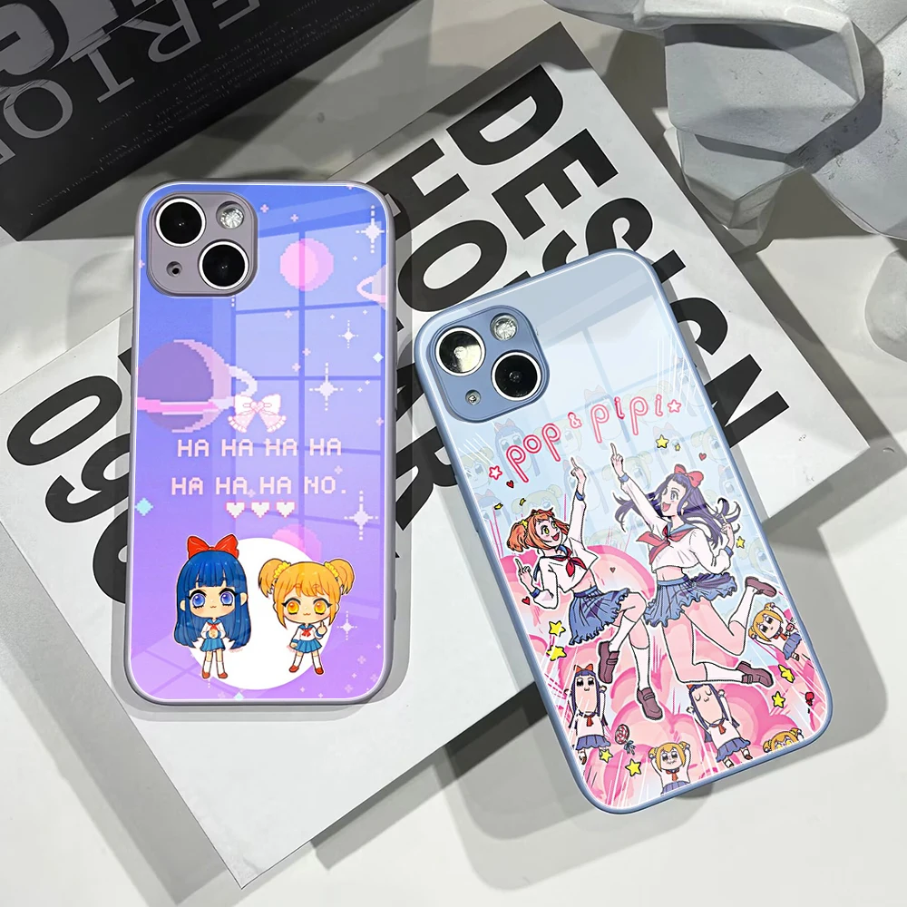 For Iphone 14 INS POP TEAM Popuko And Pipimi Phone Case Glass 14 13Pro Plus X 13 Pro MAX XR XS MINI Stained Glass Covers