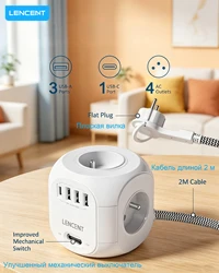 LENCENT FR Flat Plug Power Strip Cube with 4 AC Outlets+ USB-A +Type C 2M/3M Braided Cable Multi Socket with Switch for Home