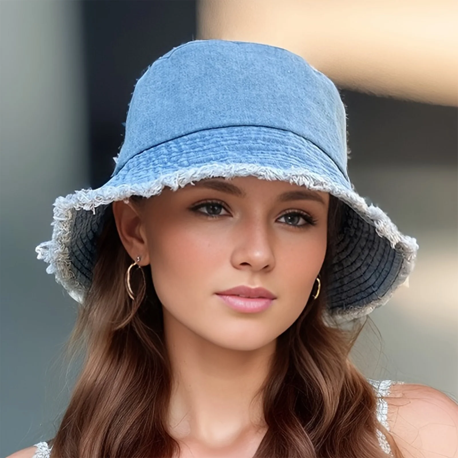 Damen Sonnenhut Trendiger Sommer Bucket Hat Atmungsaktiver Sommer Denim Fischerhut für Strandurlaub Kopfbedeckung Mädchen Mützen