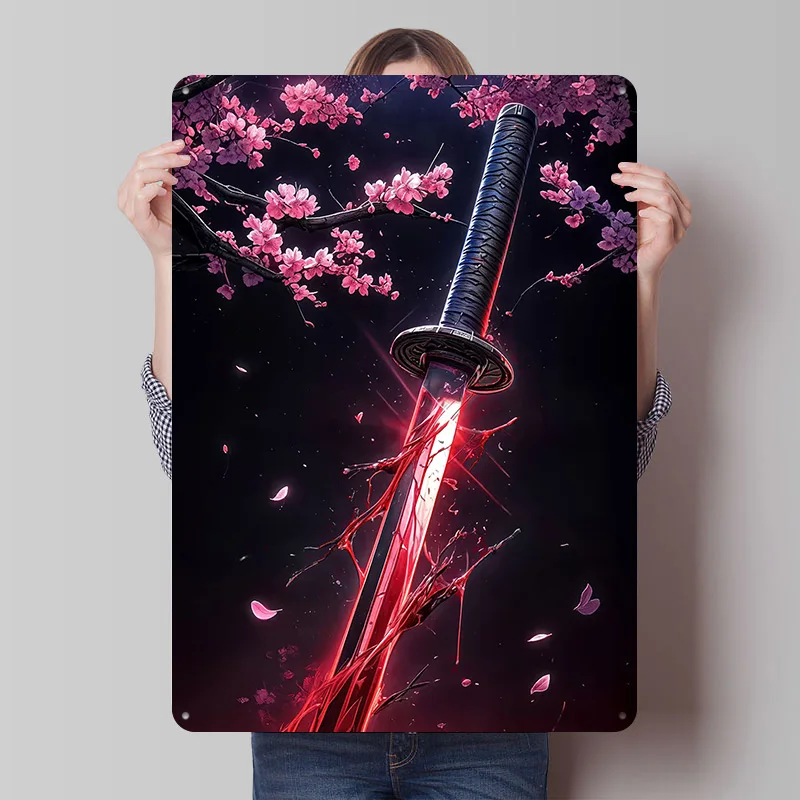 Samurai Bloody Sword Tinplate Poster Customized Wall Art Vintage Metal Signs Retro Tin Plaque for Gaming Decoration Room House
