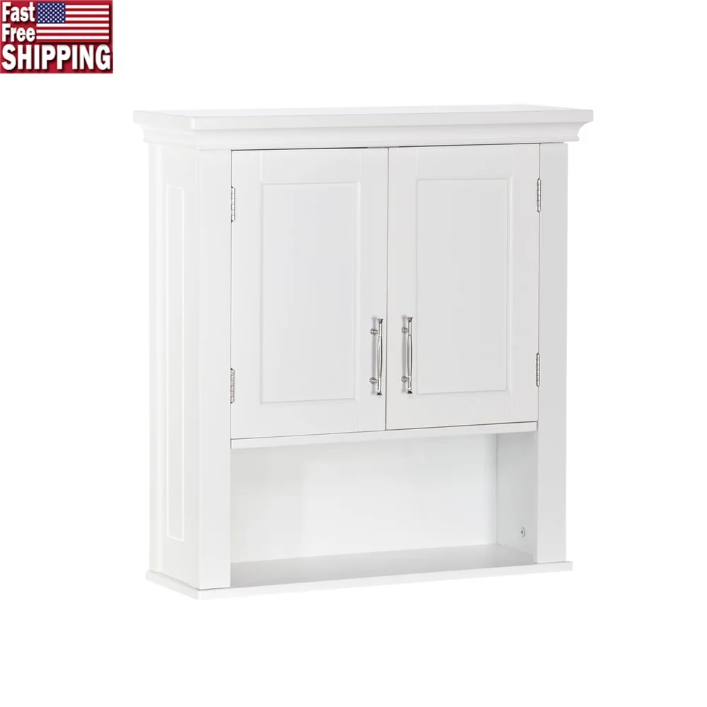 

Two-Door Bathroom Medicine Cabinet Wall Shelf Storage White MDF Adjustable Shelves Over Toilet Organizer Decorative Accent
