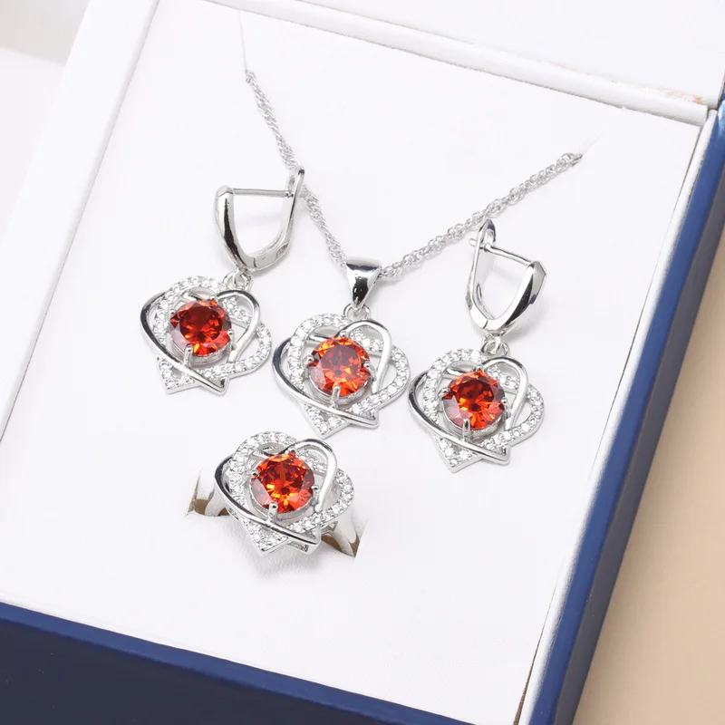 Heart Shape 12-Color Zircon Wedding Jewelry 925 Silver Necklace And Earrings Open Ring Sets For Women Valentine's Day Gift