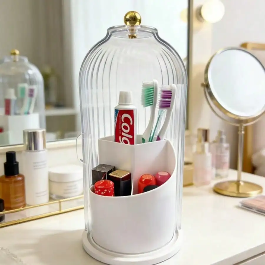 Rotating Bathroom Organizer With Sliding Lid-3 Slots No-Drill Water-Resistant Countertop Storage For Toothbrushes Toothpaste Makeup Brushes,Water-Resistant Dustproof Bathroom Organizer,Home Living Bathroom Storage & Organization,360° Rotating Easy-Access