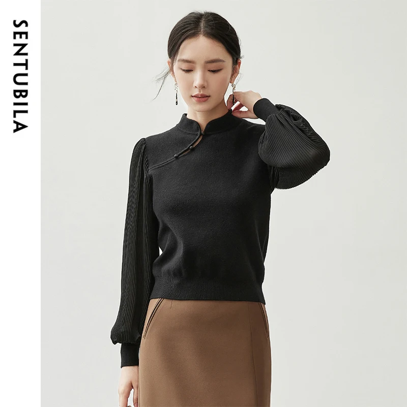 SENTUBILA Patchwork Puff Sleeve Knitted Sweater Pullover Women 2024 Autumn Chinese Style Elegant Tops Female Knitwear 743H56075