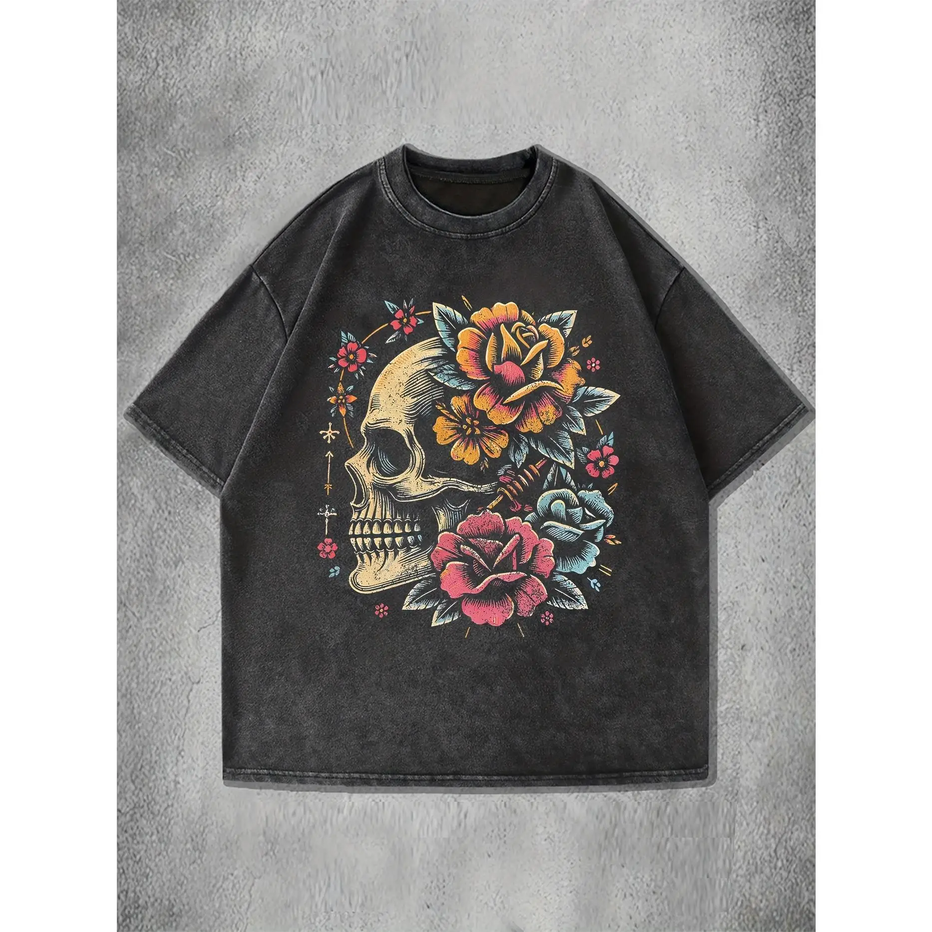 

Vintage Skull Rose T-shirt, Women Oversized Washed Tee, Gothic Floral Graphic Top, Streetwear Halloween Apparel, Death Art Gift