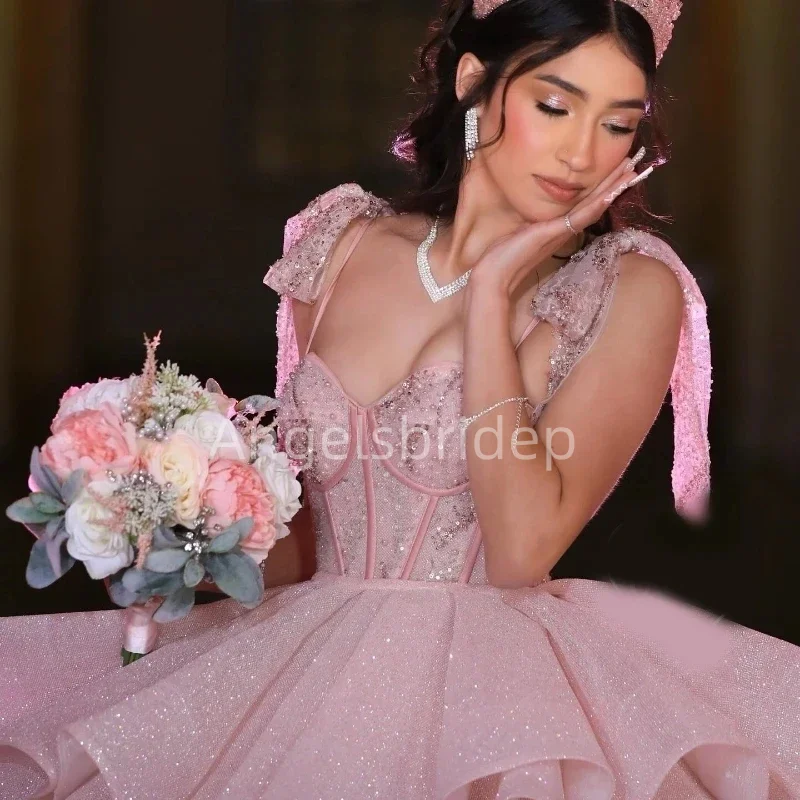 Angelsbridep vestido De Fiesta rosa, quinceañera, vestido escalonado De tul brillante, dulce De 16 niñas vestido De baile, vestido De Fiesta De cumpleaños