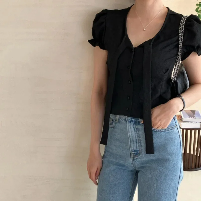 Women Shirts Casual Slim V-Neck Puff Sleeve Lace-up Solid Cardigan Fashion Sweet Style Chic High Waist Short Blouses Streetwear