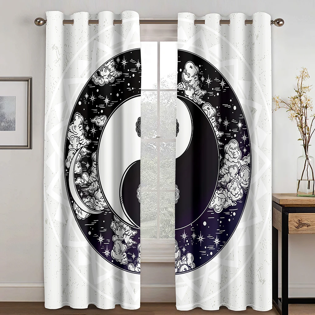 Black and White Tai Chi Pattern Curtains Set of Two Panels for Living Room Bedroom Kitchen Kids Room Bathroom Sunshade Curtains