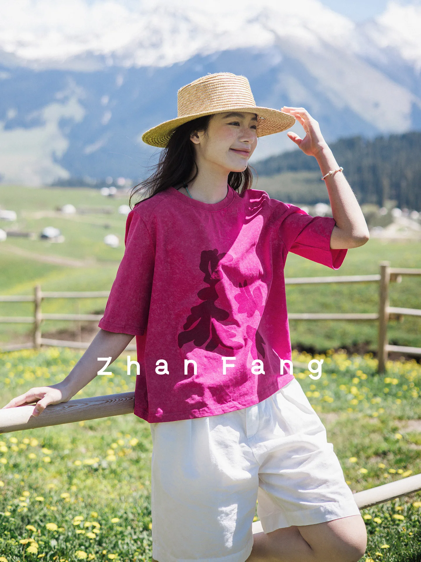 Summer Special Bloom 366 Dopaamine Wax Print T-Shirt Double Cotton Hand Painted Flower Silhouette Watermark Raspberry Short S...