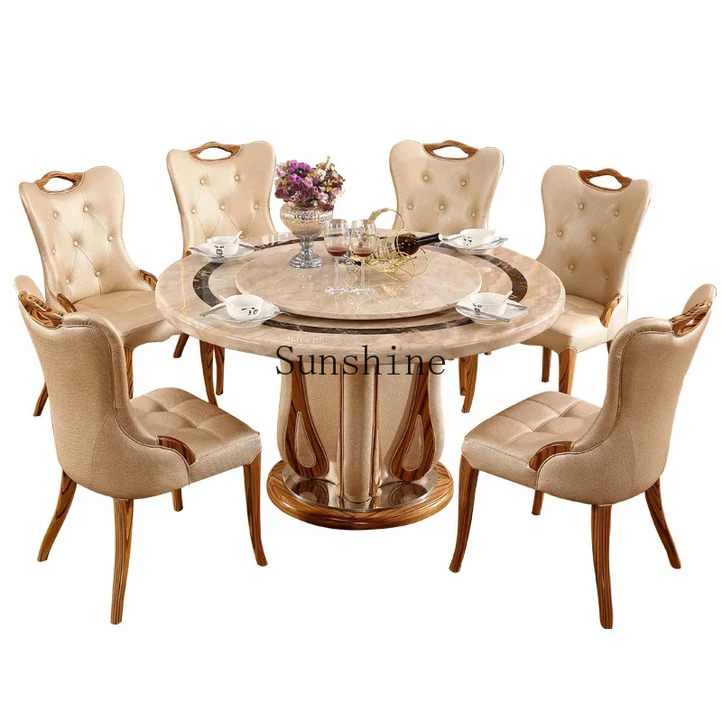 European marble round dining table combination with turntable for home use, simple and modern