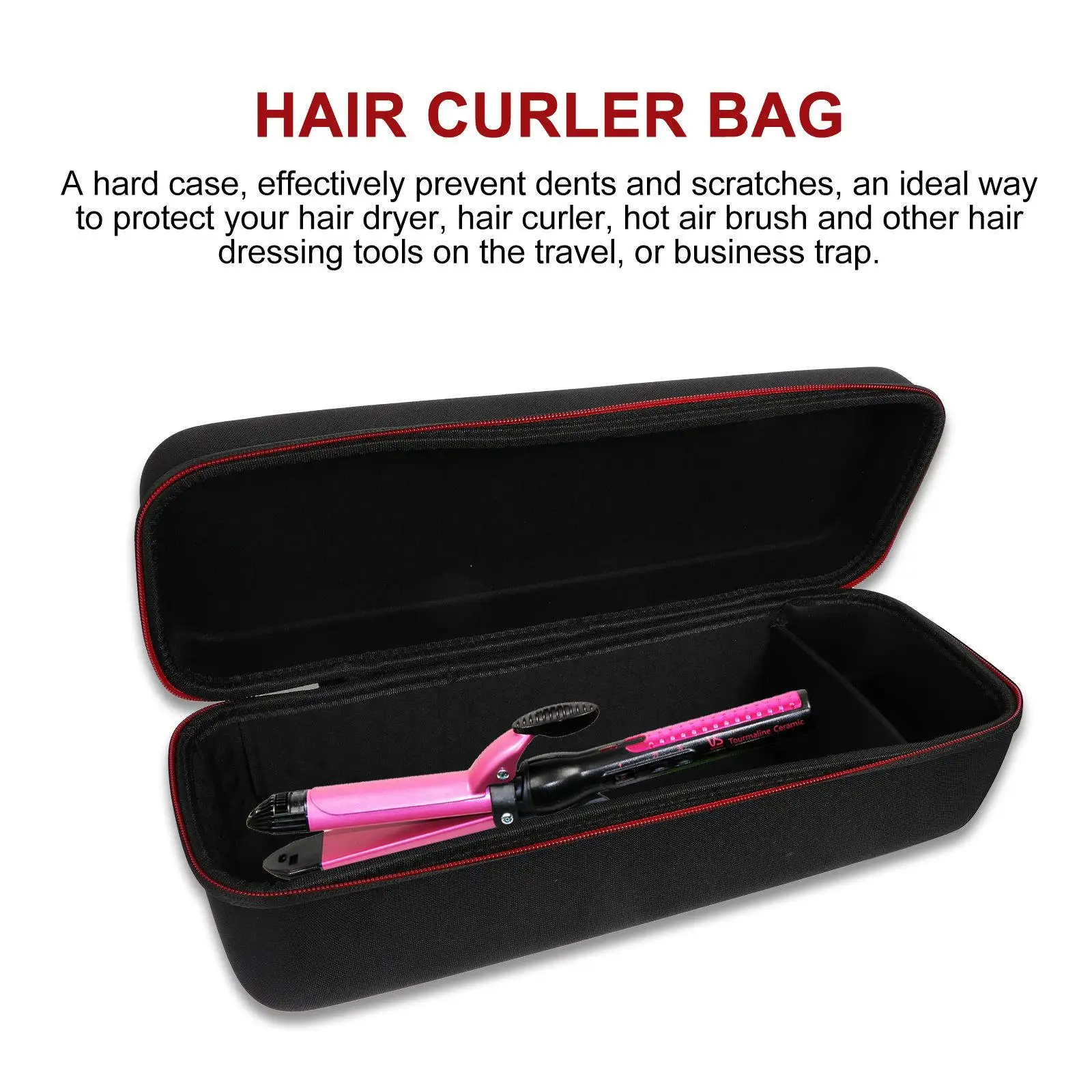 Portable Hard Shell Hair Curler Travel Case Hair Dryer Brush Storage Protector Compact Lightweight Zipper Closure Carry Handle