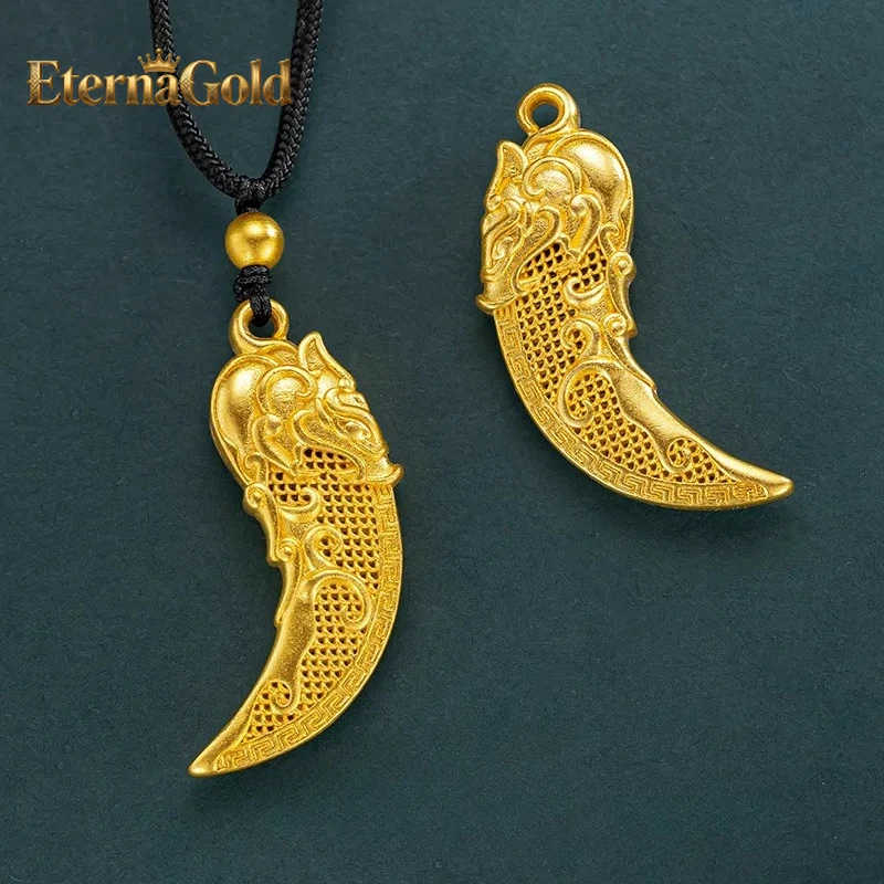 

EternaGold Luxury 24K 9999 Pure Gold real gold Men's and Women's Hollow Wolf Tooth Pendant Transfer Beads Black Rope Necklace