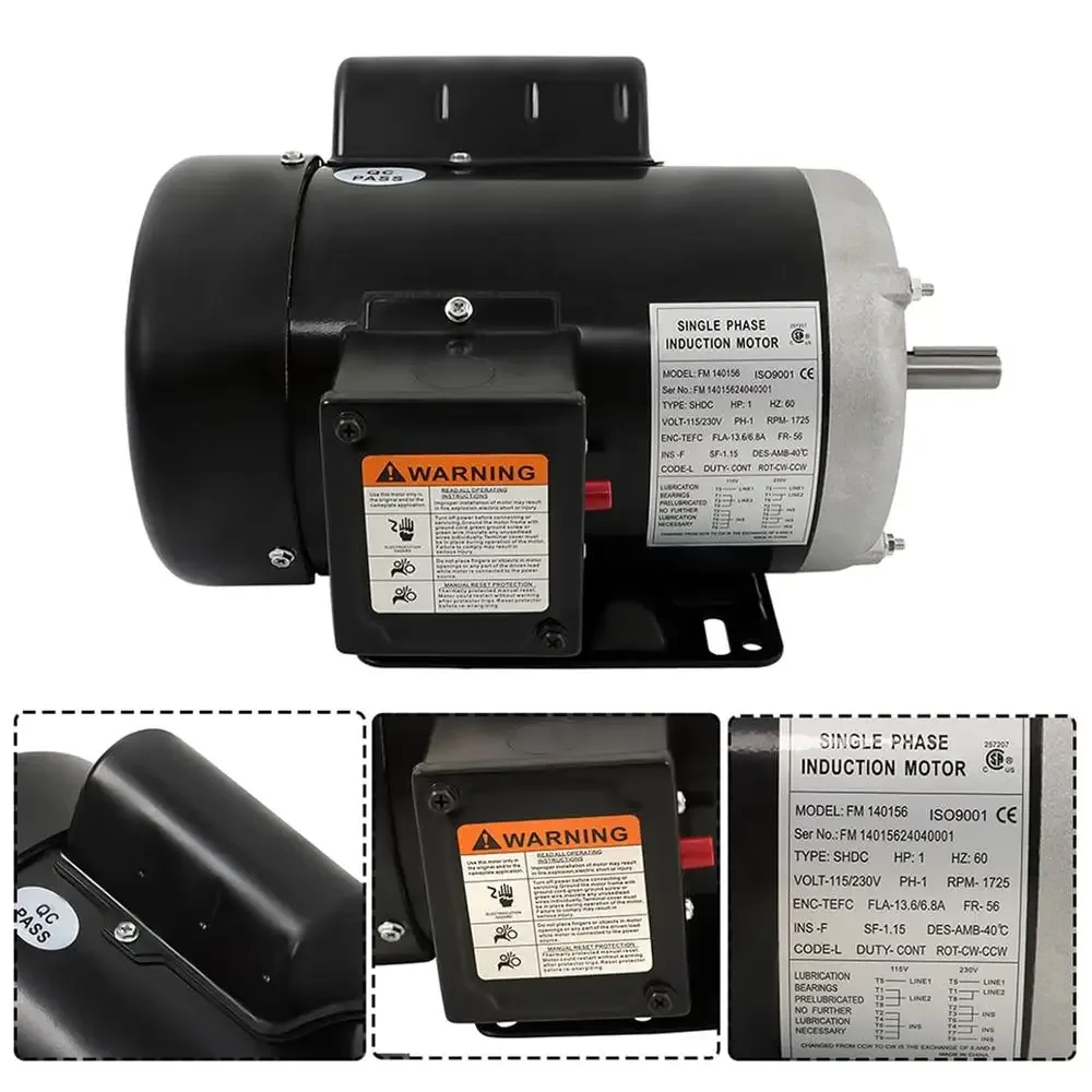 1HP Electric Motor 1750RPM 115V 230V Single Phase Farm Duty CW CCW Agricultural Equipment Efficient Durable Heat Dissipation