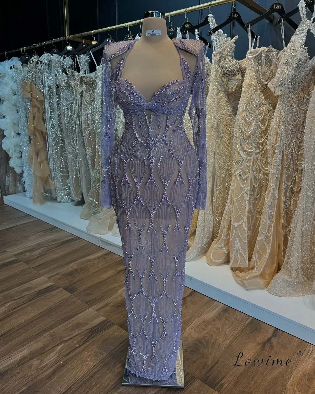

Purple Pearl Beading Evening Dresses Long Sleeves Exquisite Formal Evening Party Gowns