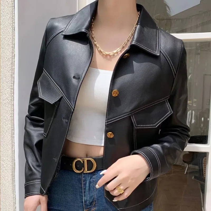 Women\'s Spring Autumn Fashion Solid Color Square Neck Button Casual Versatile Long Sleeved Slim Fit Short Denim Leather Jacket