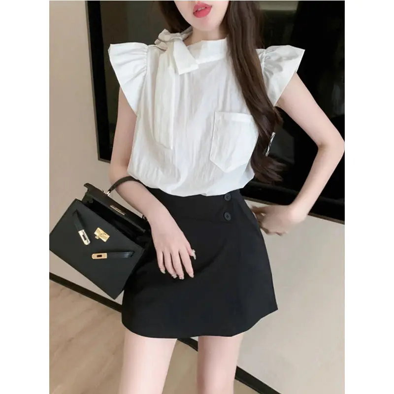 Summer Retro French Tie Bow Design Chiffon Shirts Solid Color Sweet Short Pleated Shirt Tops All-match Korean Women Clothing