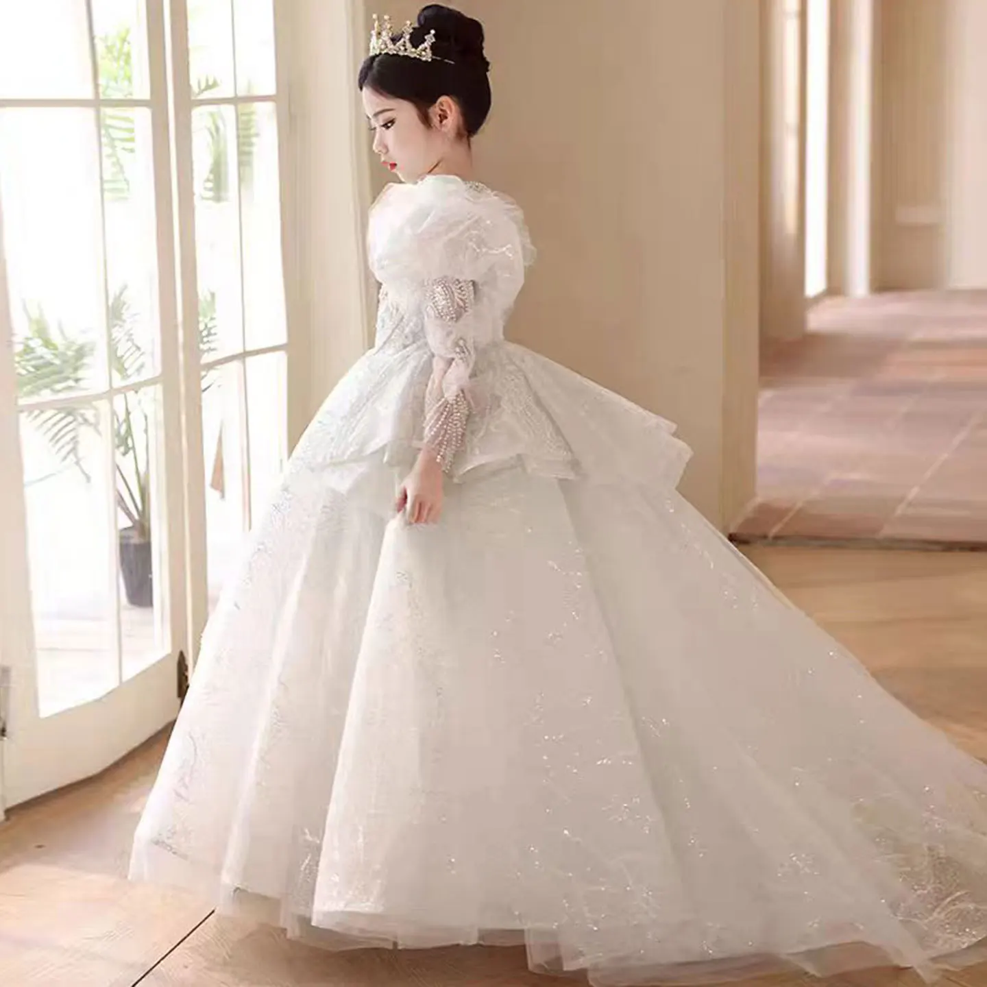 Jill Wish J324 Luxury White Crystal Girl Dress Court Train Long Sleeve Arab Kids Princess Wedding Birthday Party Pageant Gown
