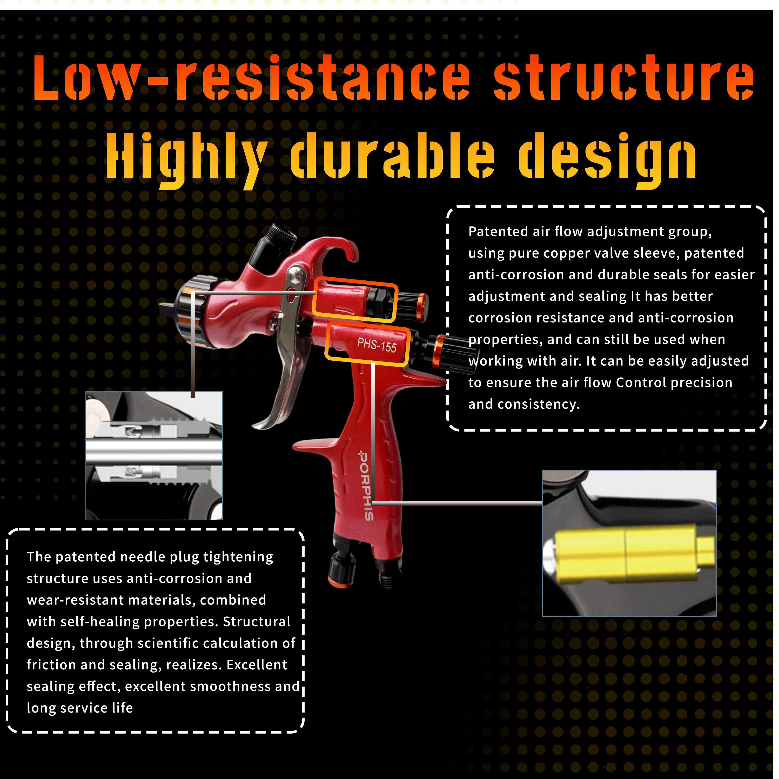 Oringinal PORPHIS Spray Gun PHS-155 Pneumatic Paint Gun Red Spray Gun Professional Automotive Coating Applicator for Car Paint