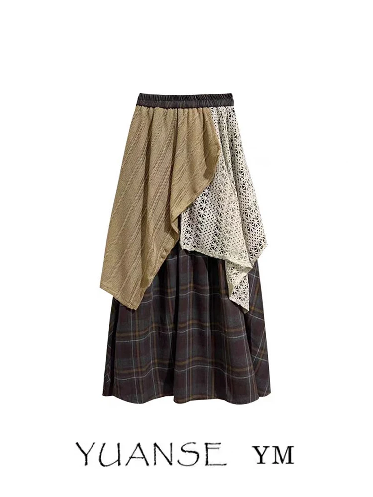 

Retro Spliced Color Block Elastic Waist Asymmetrical Skirt Women's Spring Autumn Design Plaid Midi Skirt for Young Girls