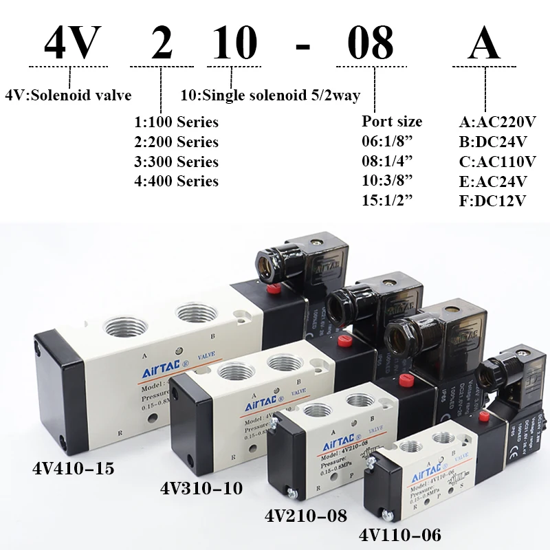 AirTAC 4V110-06 4V210-08 4V310-10 4V410-15 التحكم في الاتجاه 5/2 طريقة هوائي صمام الملف اللولبي الكهربائي DC12V 24V AC220V 110V