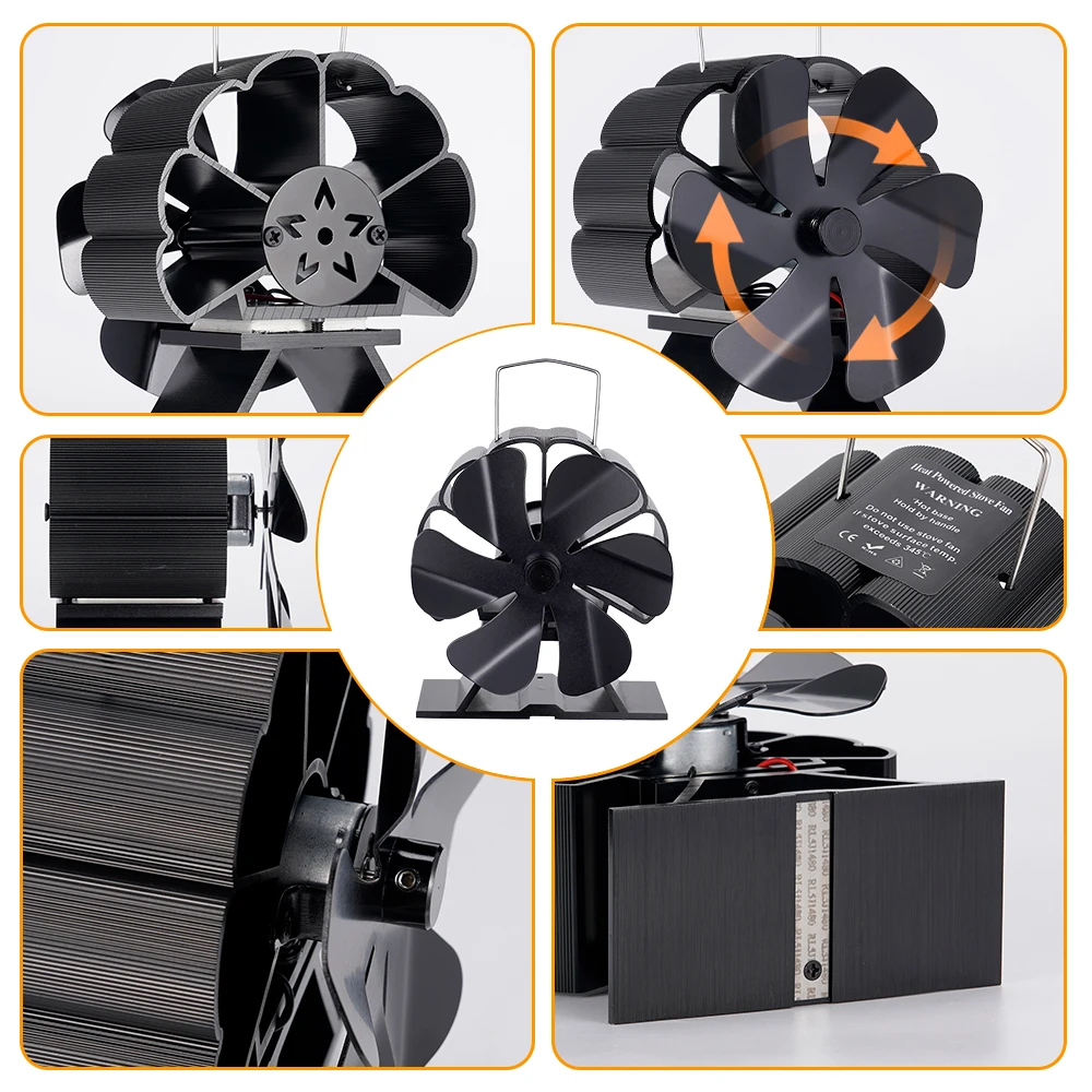 Miniventilador negro de 6 aspas para chimenea, sistema de ventilado para quemador de leña, silencioso, con distribución eficiente del calor
