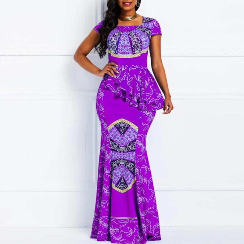 

News Ankara Style Clothes for Women Party Robe African Dresses Plus Size Clothing Fashion Print Square Neck Ruffle Long Skirt